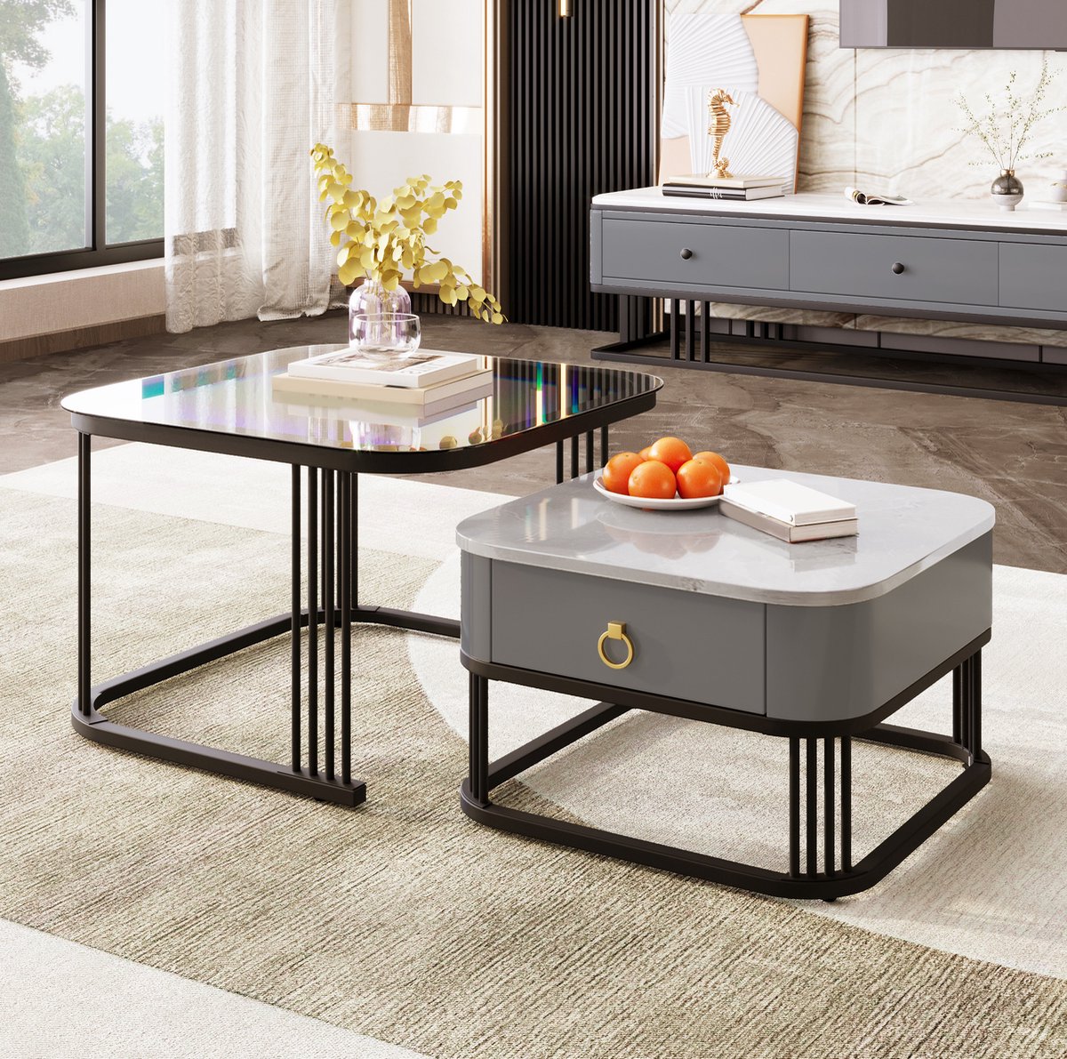 HAUSS SPOLE Salontafel Set Van 2 - Nestbare Tafels Met Lade En Marmerlook - Voor Woonkamer - MDF En Glas - 60x60x44,5 Cm - Zwart Grijs