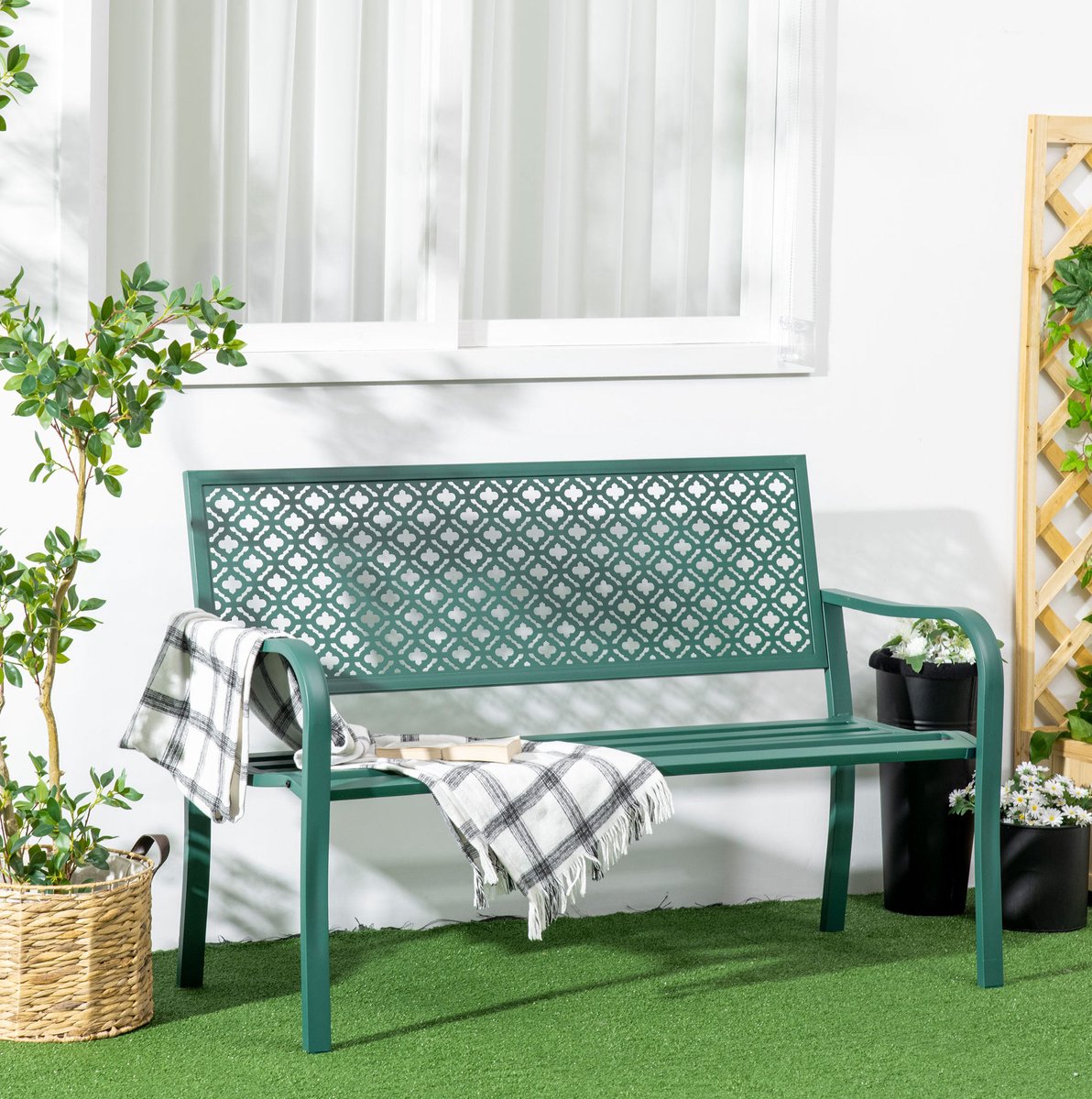 MEUNIQ tuinbank 127 x 63 x 83 cm voor 2 personen met rugleuning en armleuningen, stalen frame met poedercoating, voor tuin, terras en balkon, donkergroen