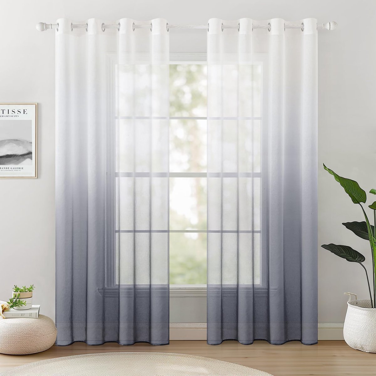 Set van 2 transparante gordijnen met ringen, semi-transparant, lichtgewicht, elegant, voor moderne woonkamer, slaapkamer, raam, balkon, huis, 140x225cm, grijs