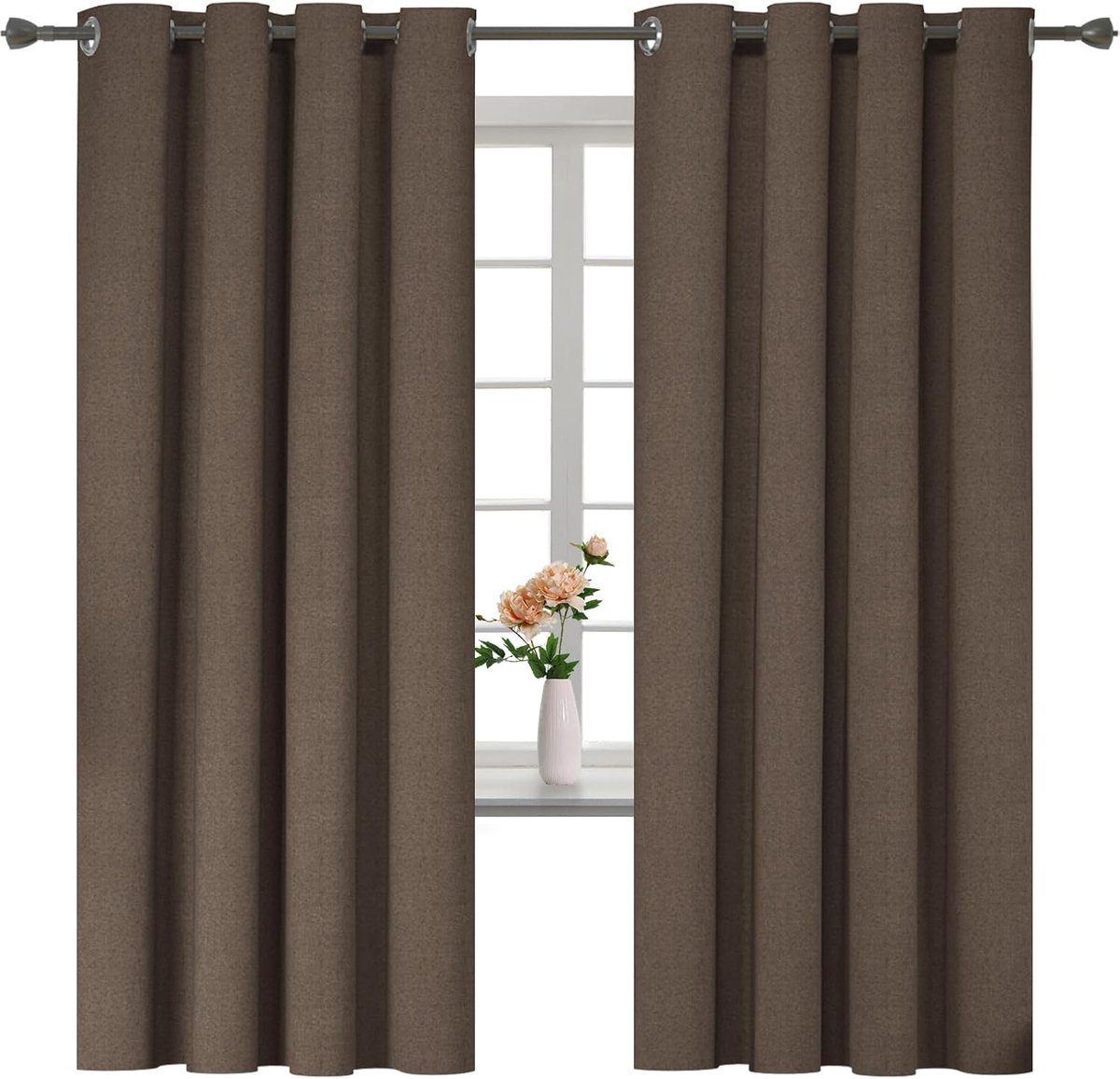 100% Verduisterend Linnen Effect Gordijnen Set Van 2, 140x180cm, Thermisch Isolerend Koud En Warm Gordijn Met Ringen, Thermogordijnen Voor Slaapkamer Woonkamer, Koffie
