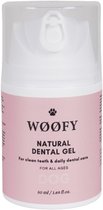 WØØFY natuurlijke dental gel voor honden, 50 ml. Een witte pompflacon met roze label.
