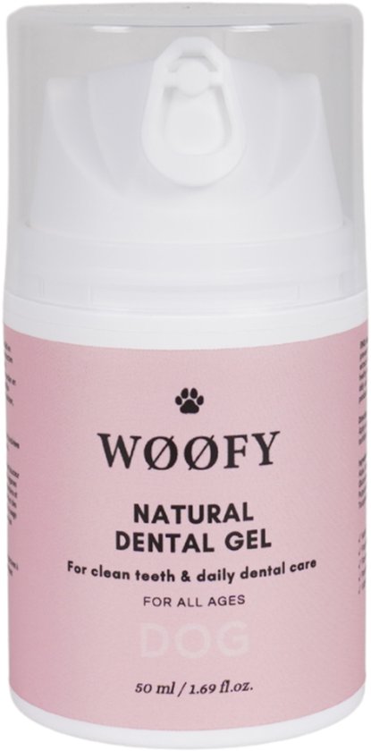 WØØFY natuurlijke dental gel voor honden, 50 ml. Een witte pompflacon met roze label.