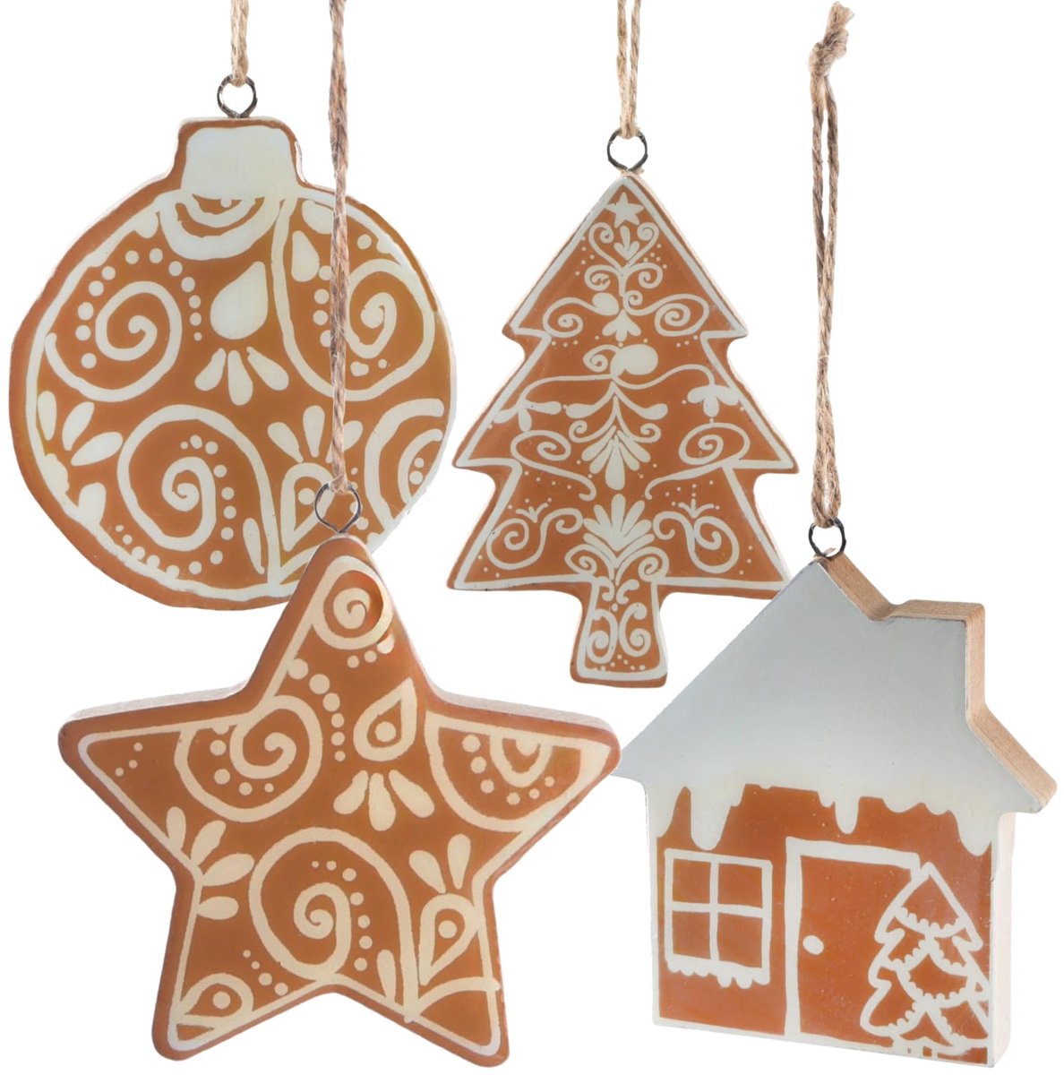 hanger peperkoek decoratie set van 4 – kersthangers 9 cm – ster bal boom huis – bruin wit – Logbuch-Verlag