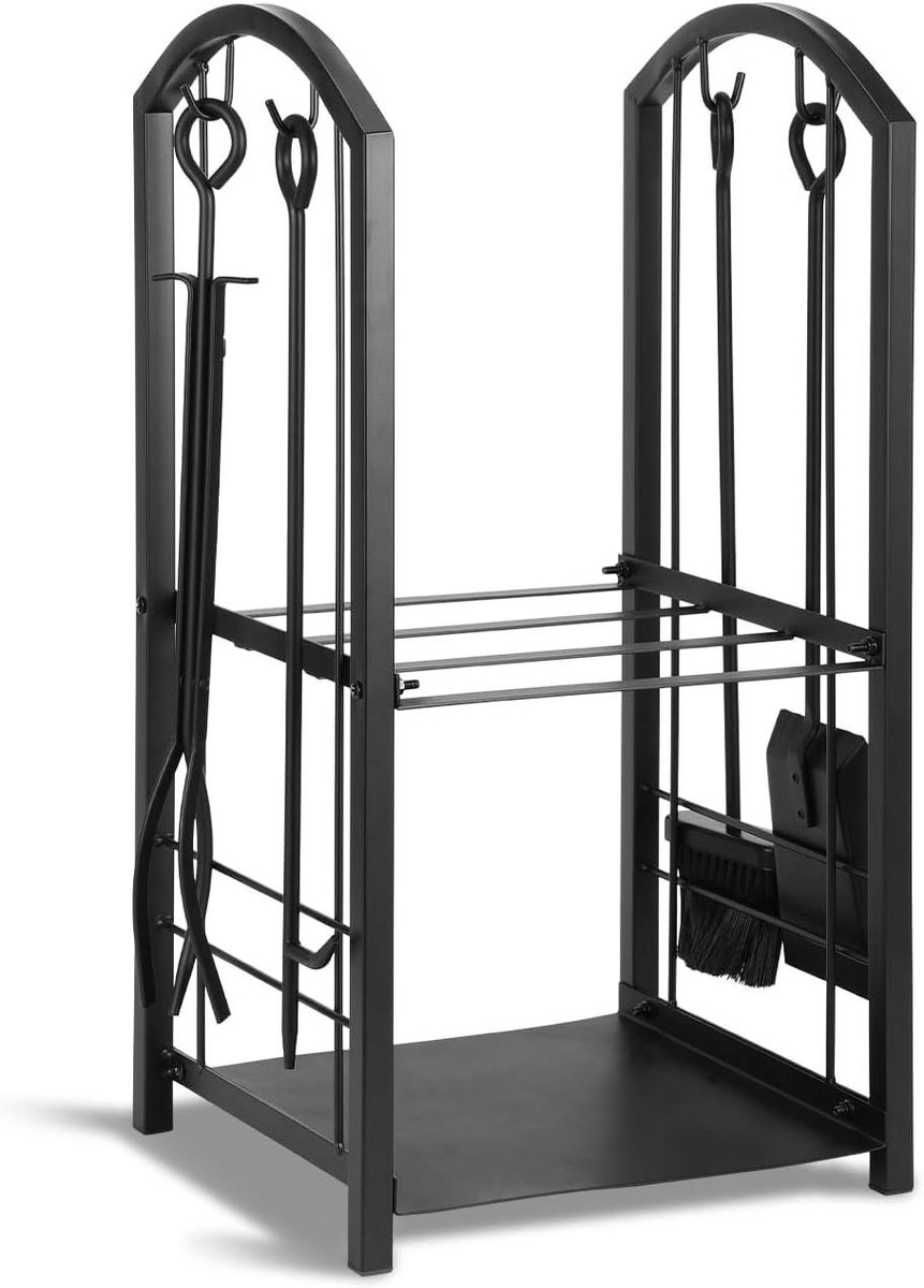 Haardhoutrek - Brandhout opslag - Haardhout organiseren - Inclusief haardgereedschap - 37x33x74 cm - Zwart