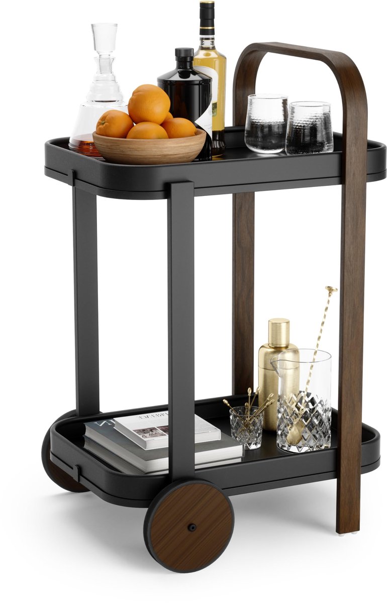 Bellwood bar-/serveertrolley, Zwart/walnoot