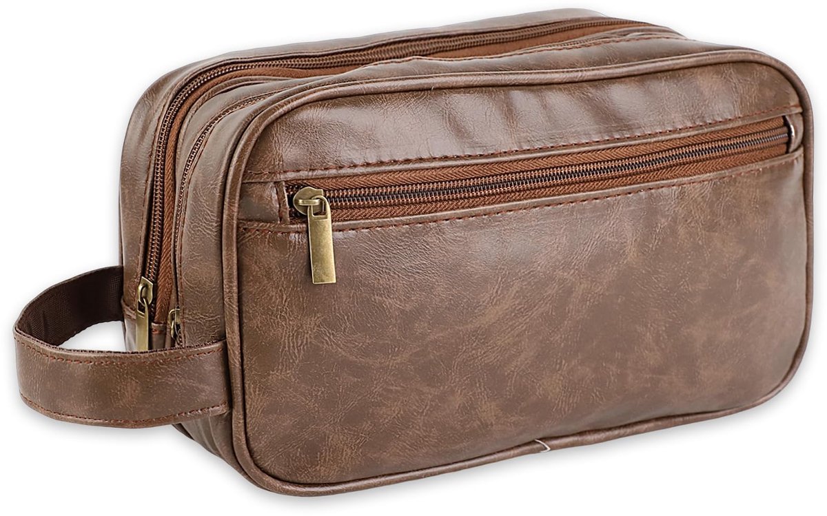 Toilettas voor heren, waterdichte cultuurtas, make-uptas met DRIE vakken, wastas voor heren met een nat-droog vak, toiletry bag voor heren, toilettentas, Donkerbruin leer., mode