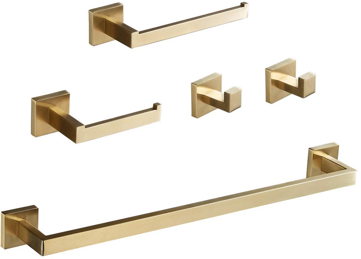 Hardware Set 5 Stuks Gouden Geborsteld, Wandmontage Moderne Badkamer Accessoire 304 RVS Handdoek Bar Toiletpapier Houder Gewaad Haken Handdoekring, BA199SET-5BG, Beelee