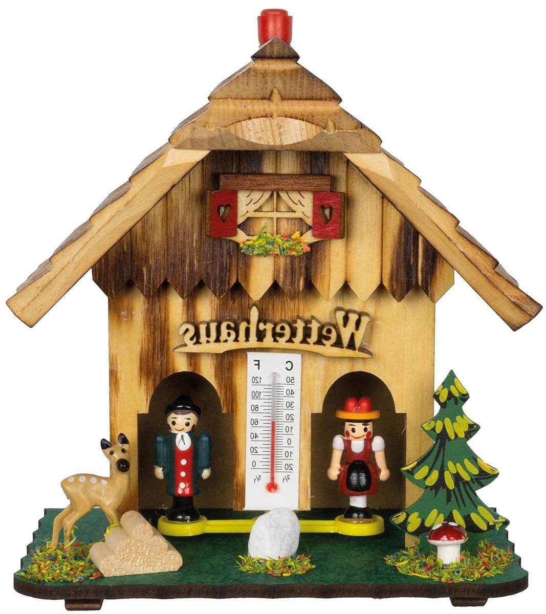 Weerhuisje - Weerhuisje met thermometer - Weersvoorspelling thuis - Met beweegbare figuren - 14 x 15 x 9 cm - Gekleurd