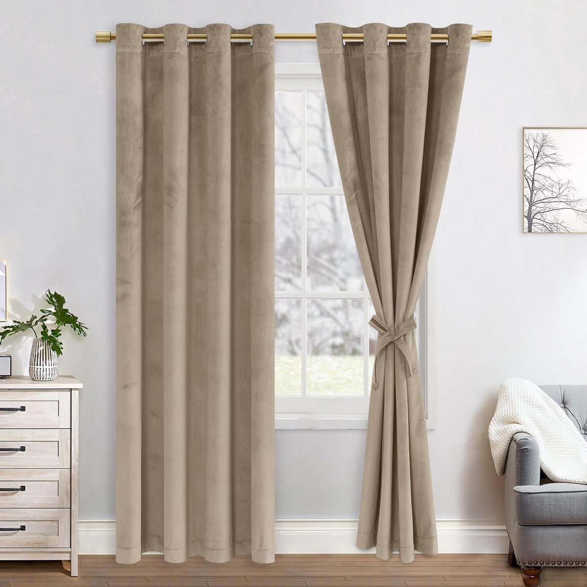 Verduisteringsgordijn van fluweel, set van 2 taupe fluwelen gordijnen, zachte verduisterende gordijnen groen fluwelen gordijn met oogjes, gordijnen voor decoratie slaapkamer woonkamer, 140 x