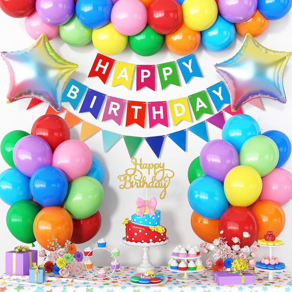 Ballonnen verjaardag, maca-decoratie voor verjaardagen, blauw, paars, groen, geel en roze, kleurrijke pailletten latexballonnen voor babyfeestjes, banners, sterren en harten van folie voor
