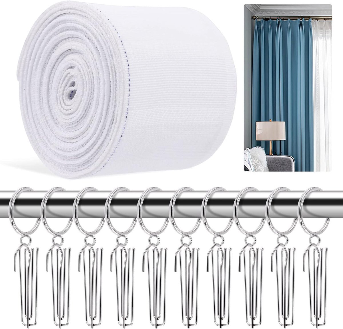 41-delige gordijnplooibandenset, 5,5 meter, witte plooiband met 30 stuks, 4 prongs, roestvrijstalen gordijnvouwhaken en 20 gordijnringen