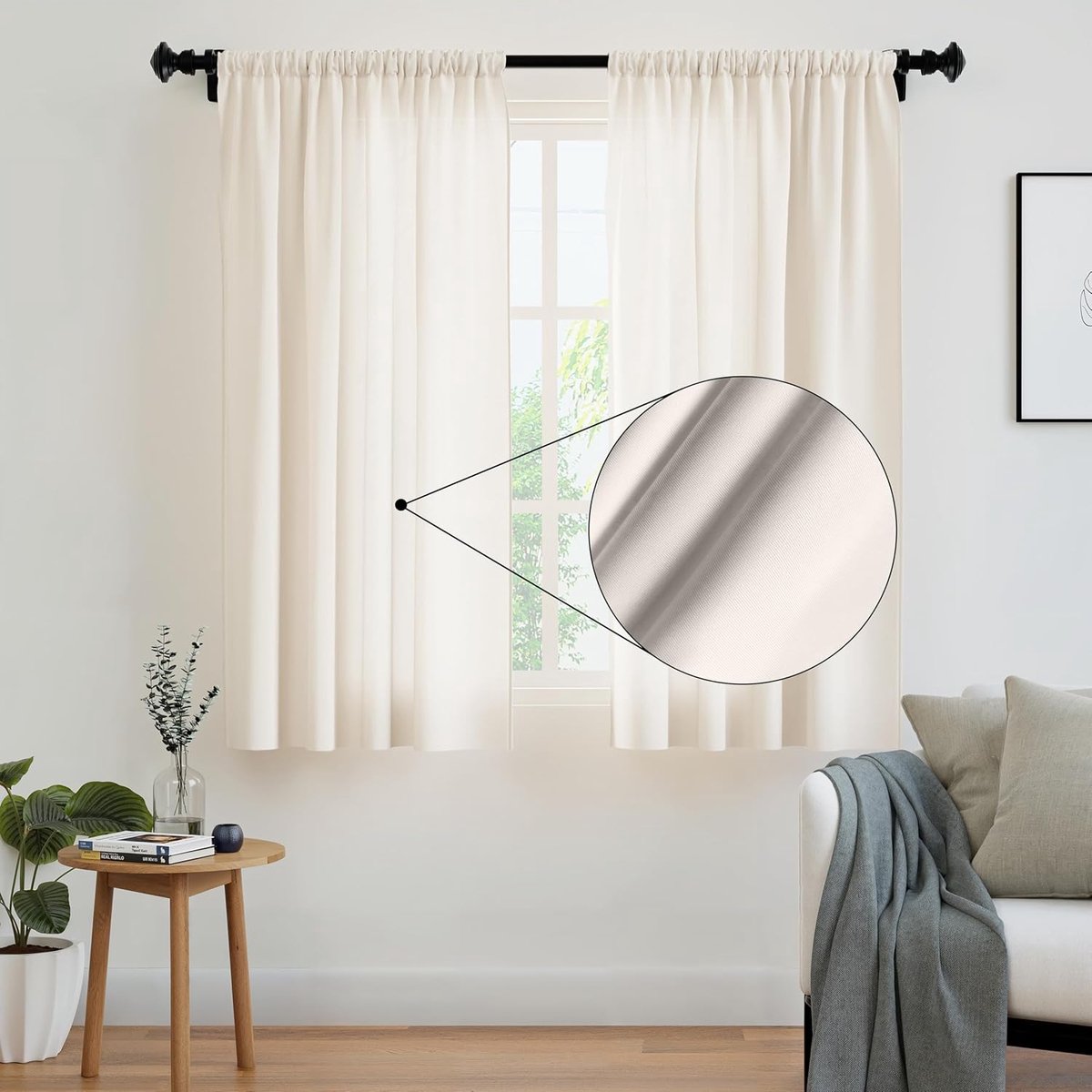 XO Stevige polyester gordijnen met stropdas, 140 x 183 cm, raampaneelset, 2 stuks, crèmekleurig, roedezak, lichte filtering, gordijnen voor deur, slaapkamer, woonkamer