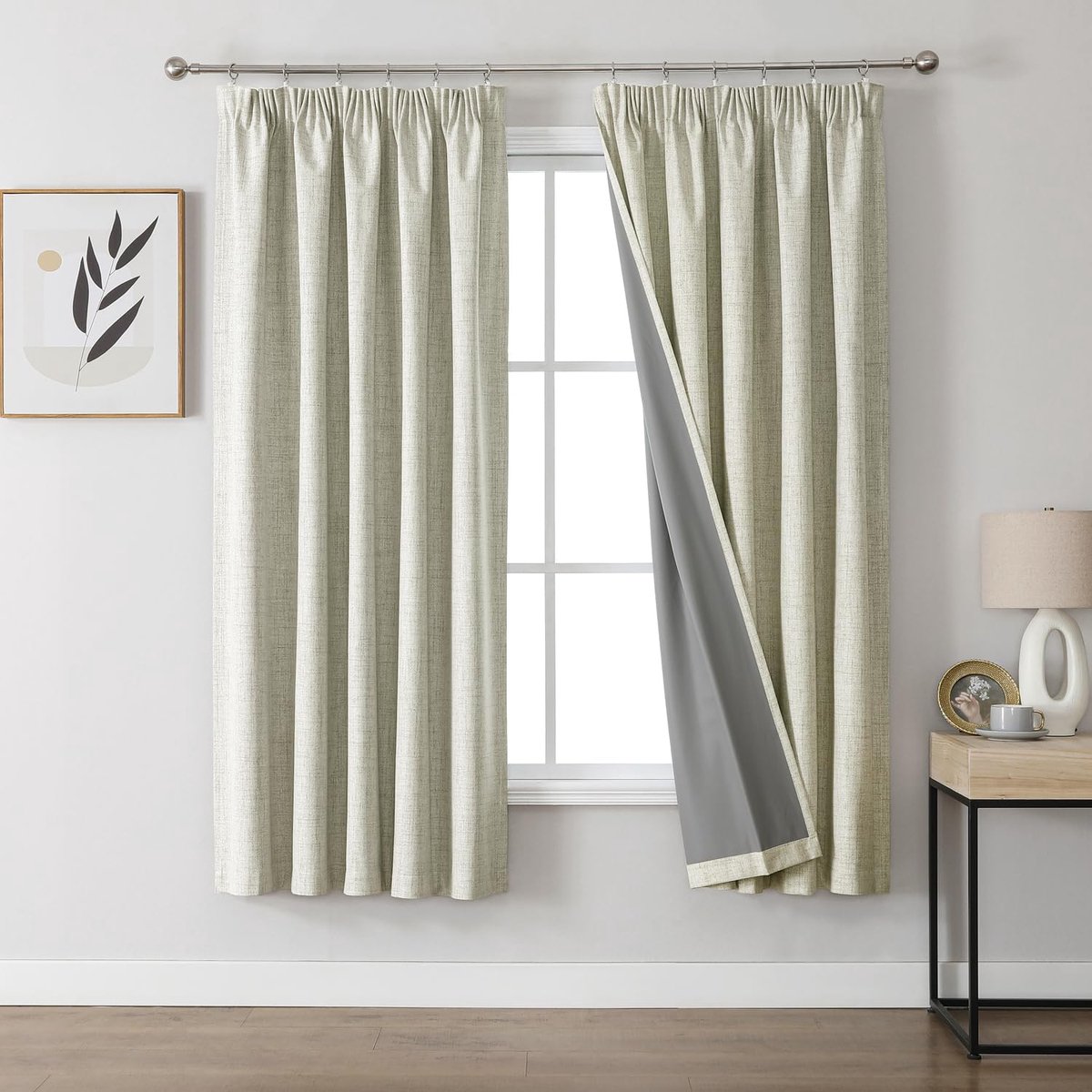 Gordijnen, 100% verduisteringsgordijnen, linnen, met plooiband, set van 2, 160 x 132 cm (h x b), lichtbeige, thermogordijn, koudebescherming, ondoorzichtig, geluidsisolatie, ideaal voor