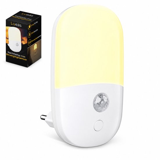 Wit nachtlampje met bewegingssensor en warm licht, direct in het stopcontact.