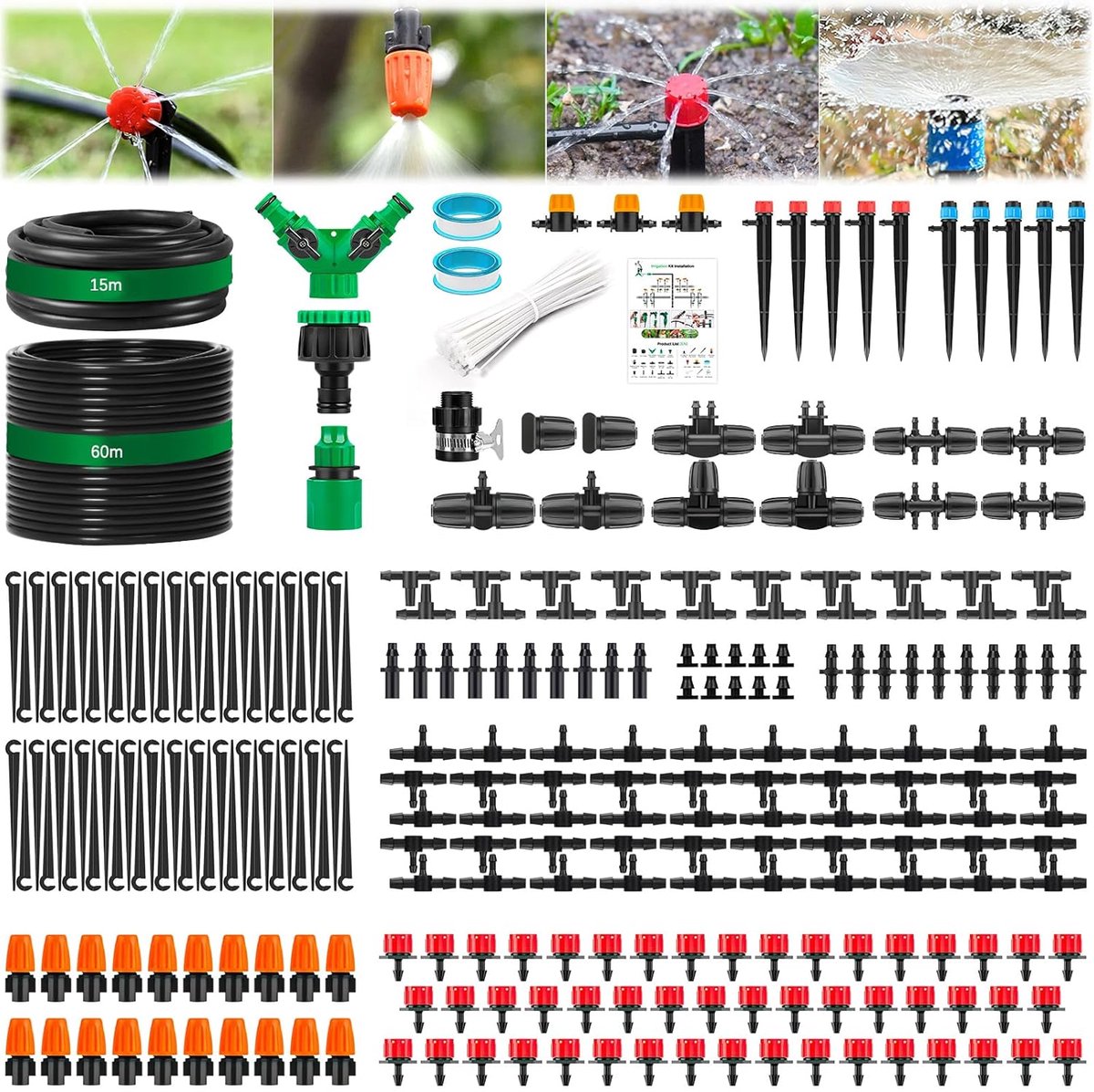 315-delig druppelirrigatiesysteem, 60 m + 15 m slang, irrigatiesystemen met verstelbare sproeiers en druppelaars, geschikt voor tuinen, kassen, moestuinen en gazons