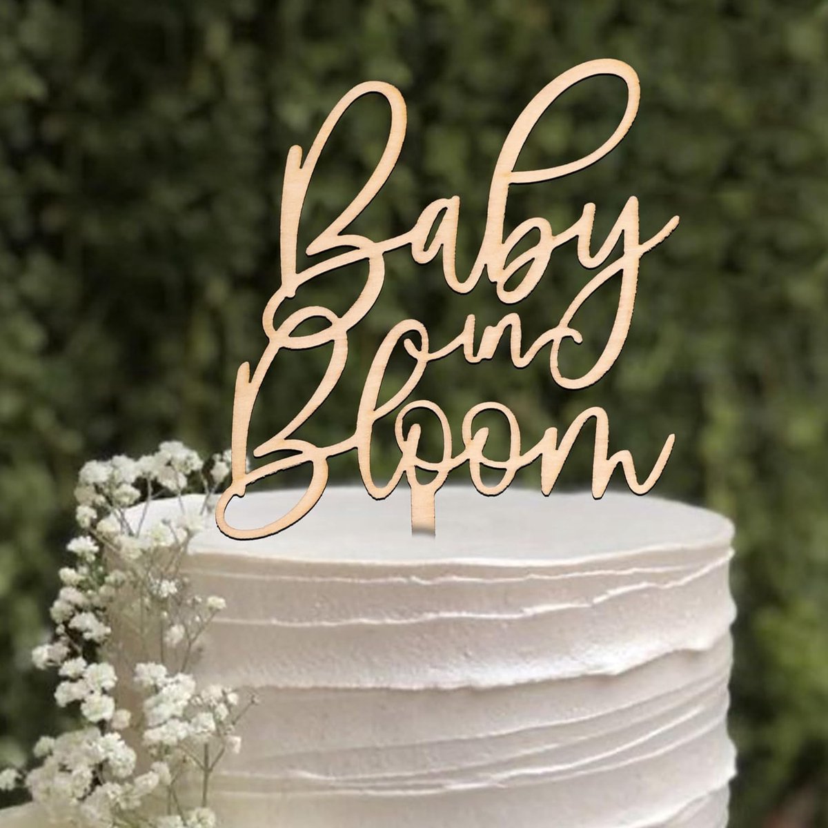 Baby in Bloom, taartdecoraties voor babyshower, taarttopper van hout voor verjaardag, themafeest, accessoires voor feestjes (B)