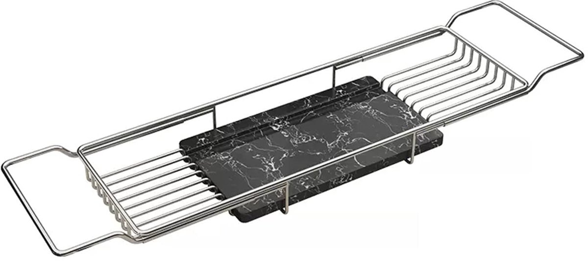 Badplank Met Zwart Marmer, Roestvrijstalen Badplank Organizer, Badhoes Voor Luxe Badkamers, Uniek Cadeau Voor Spa-Liefhebbers(Zilver)