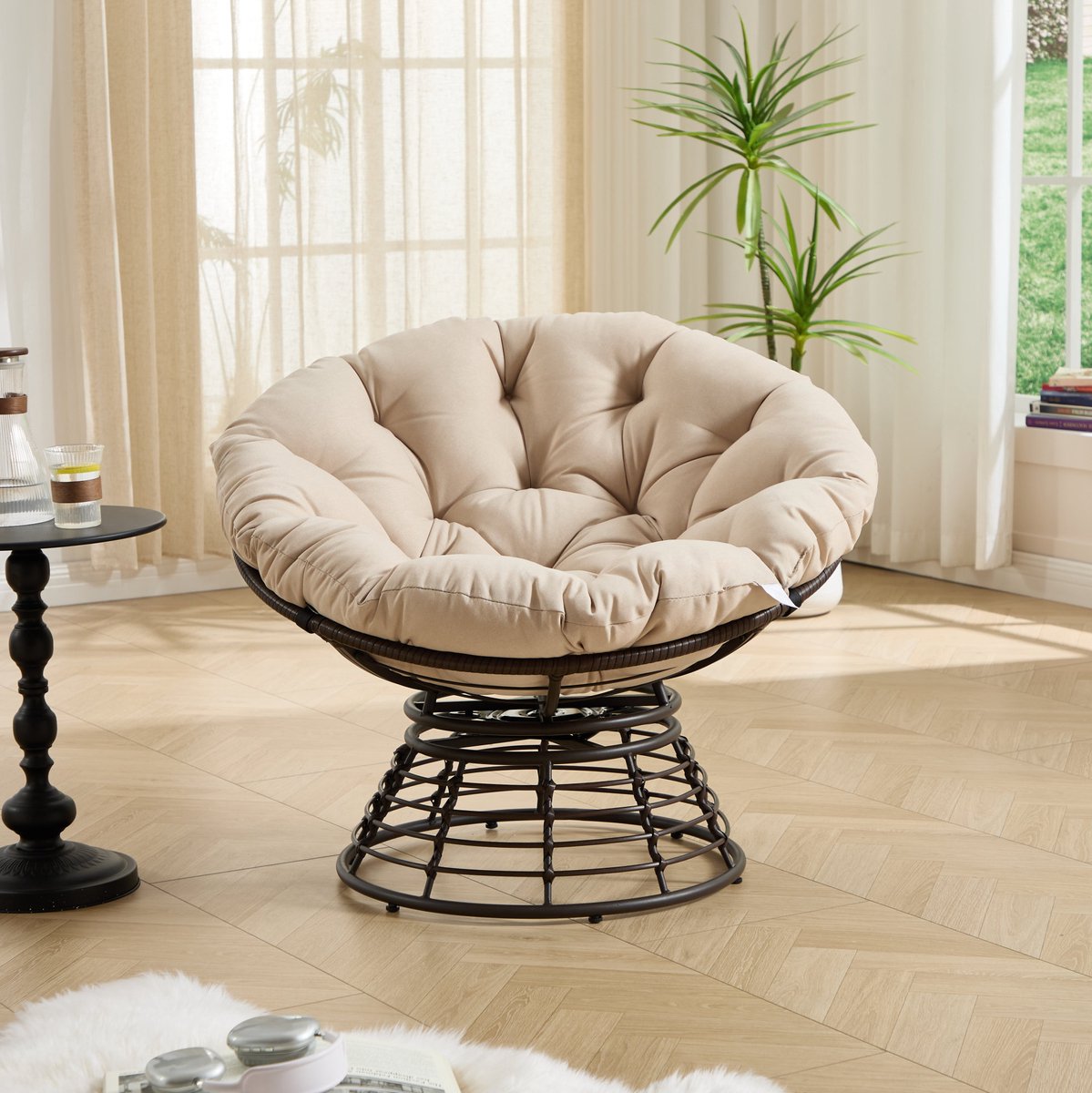 MIVRAY Fauteuil 92 Cm - 360 Graden Draaibare Papasan Stoel Met Dik Kussen - Voor Woonkamer En Leeshoek - Rotan En Metaal - Beige En Bruin
