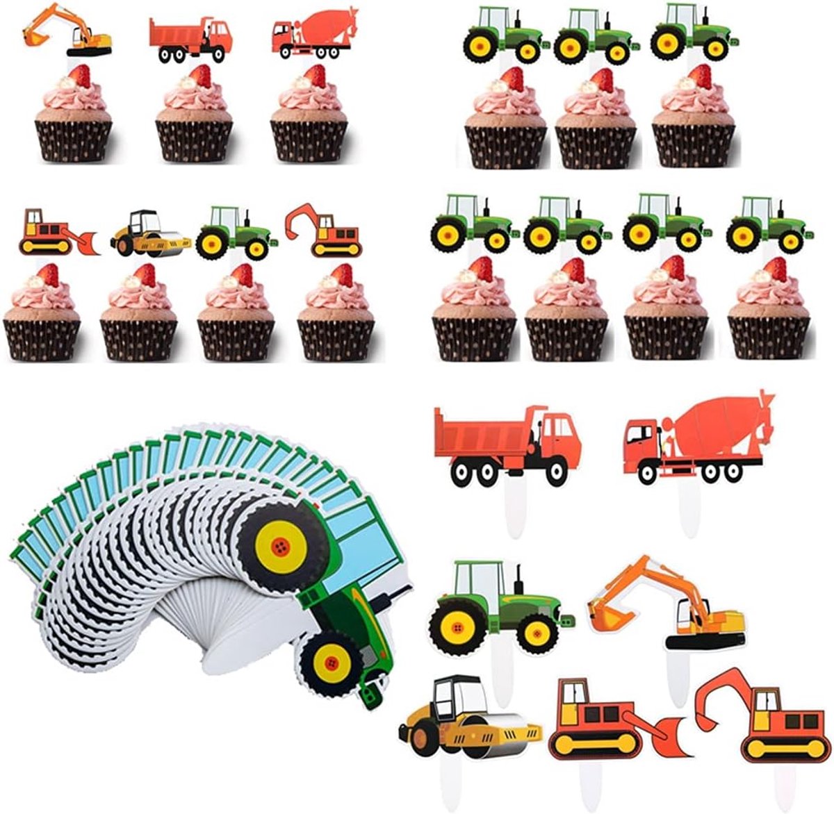 56 stuks bouwvoertuig, cupcake-toppers, graafmachine, taartdecoratie, auto, bouwthema, cupcaketopper, vrachtwagen, graafmachine, taartprikkers, decoraties voor jongens, kinderen, verjaardagstaart,