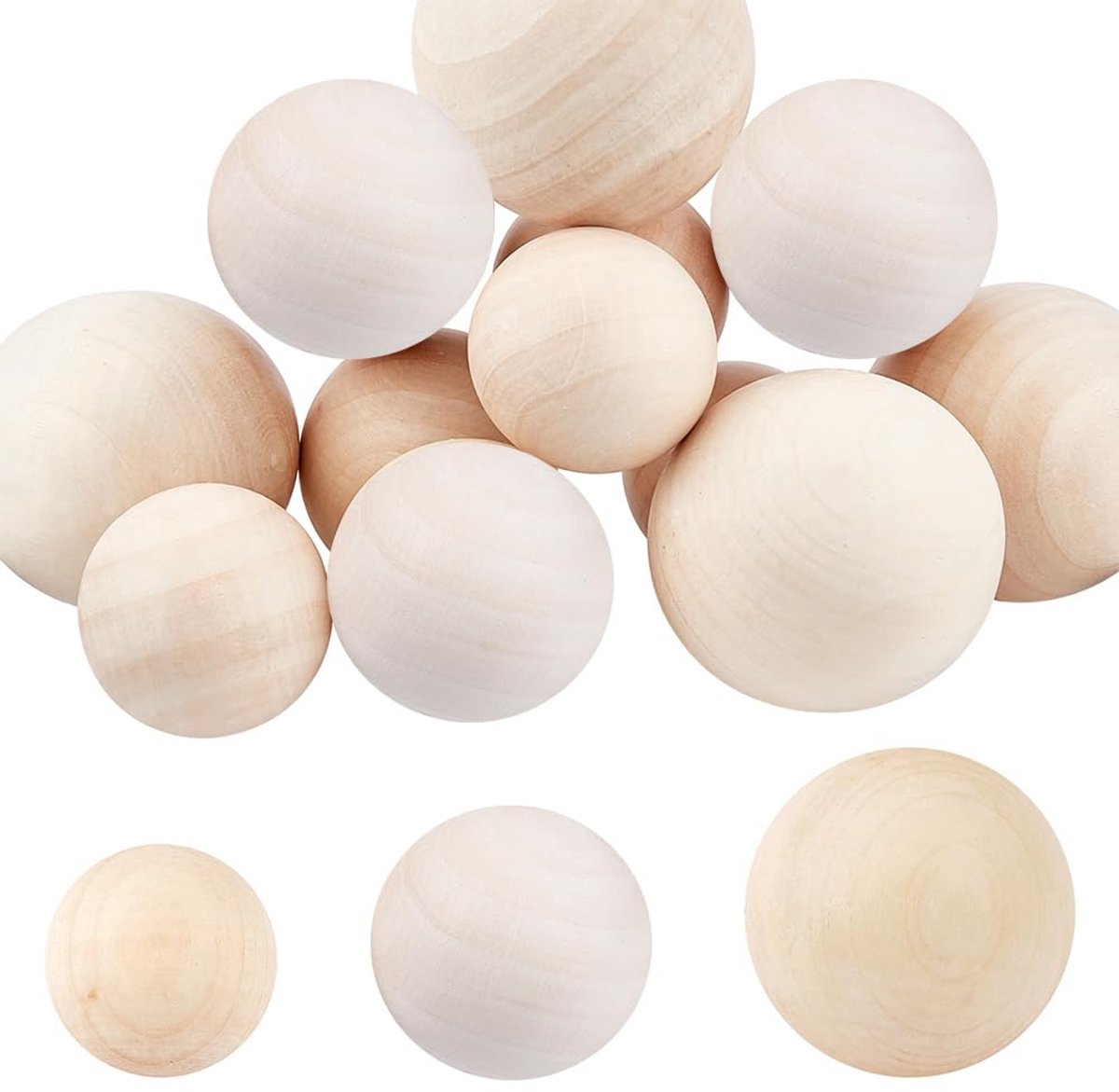 PandaHall 12 stuks grote houten ballen, 35/40/50 mm, ronde natuurlijke houten bal, decoratieve houten knutselballen voor knutselen en knutselprojecten