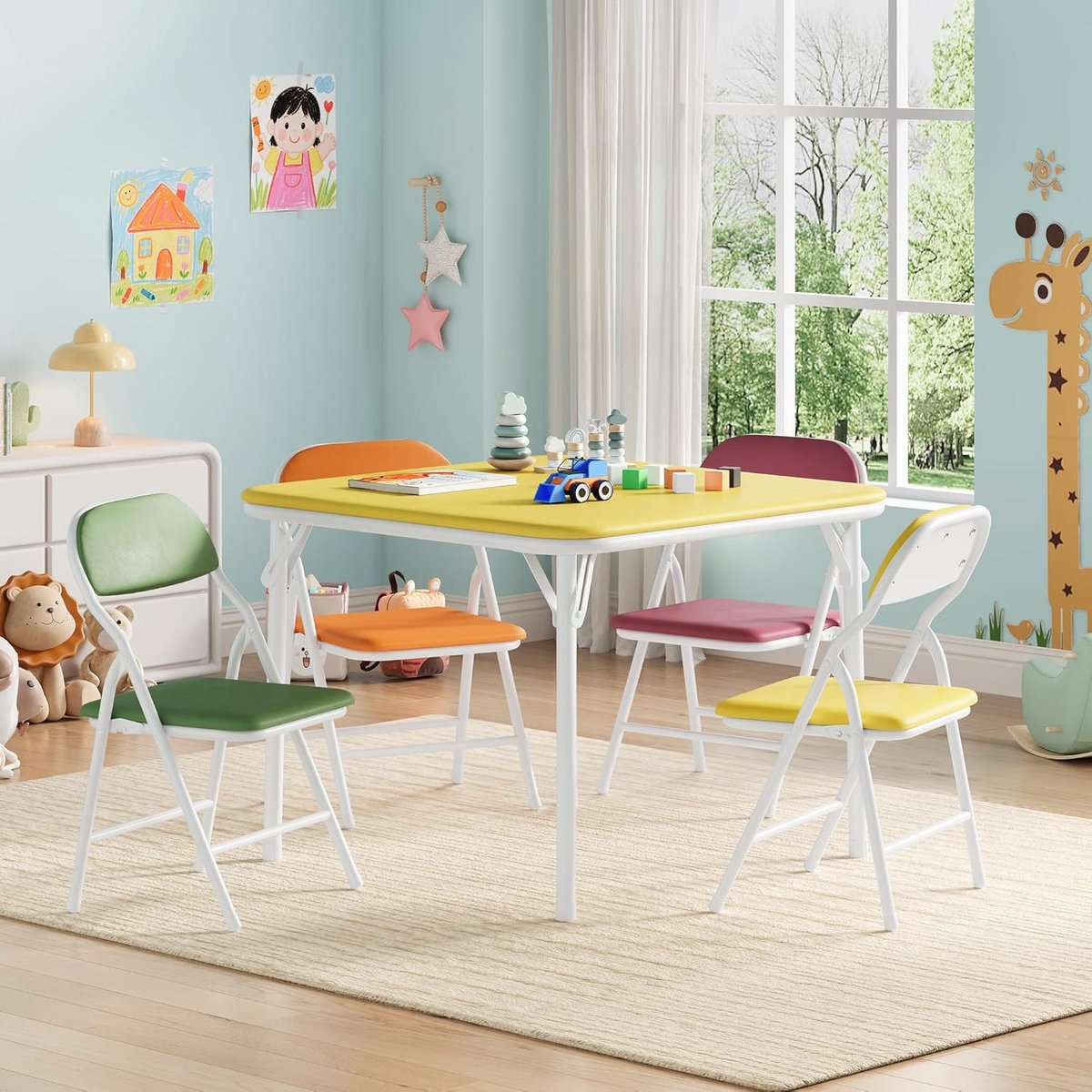 Opvouwbare tafel- en stoelenset voor kinderen – Bekleed met PU-leer, zacht gecapitonneerd, stevig metalen frame, opvouwbaar, ideaal voor eten, knutselen en de speelkamer – 5-delig, kleur, 1 tafel + 4 stoelen