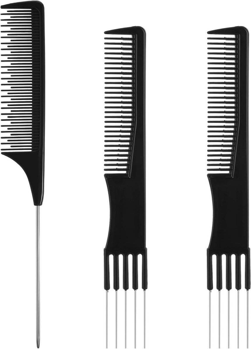 Haarkam Set - Stylingkammen Rattenstaartkammen - Haarstyling - Metalen Prikker - 3 stuks - Zwart