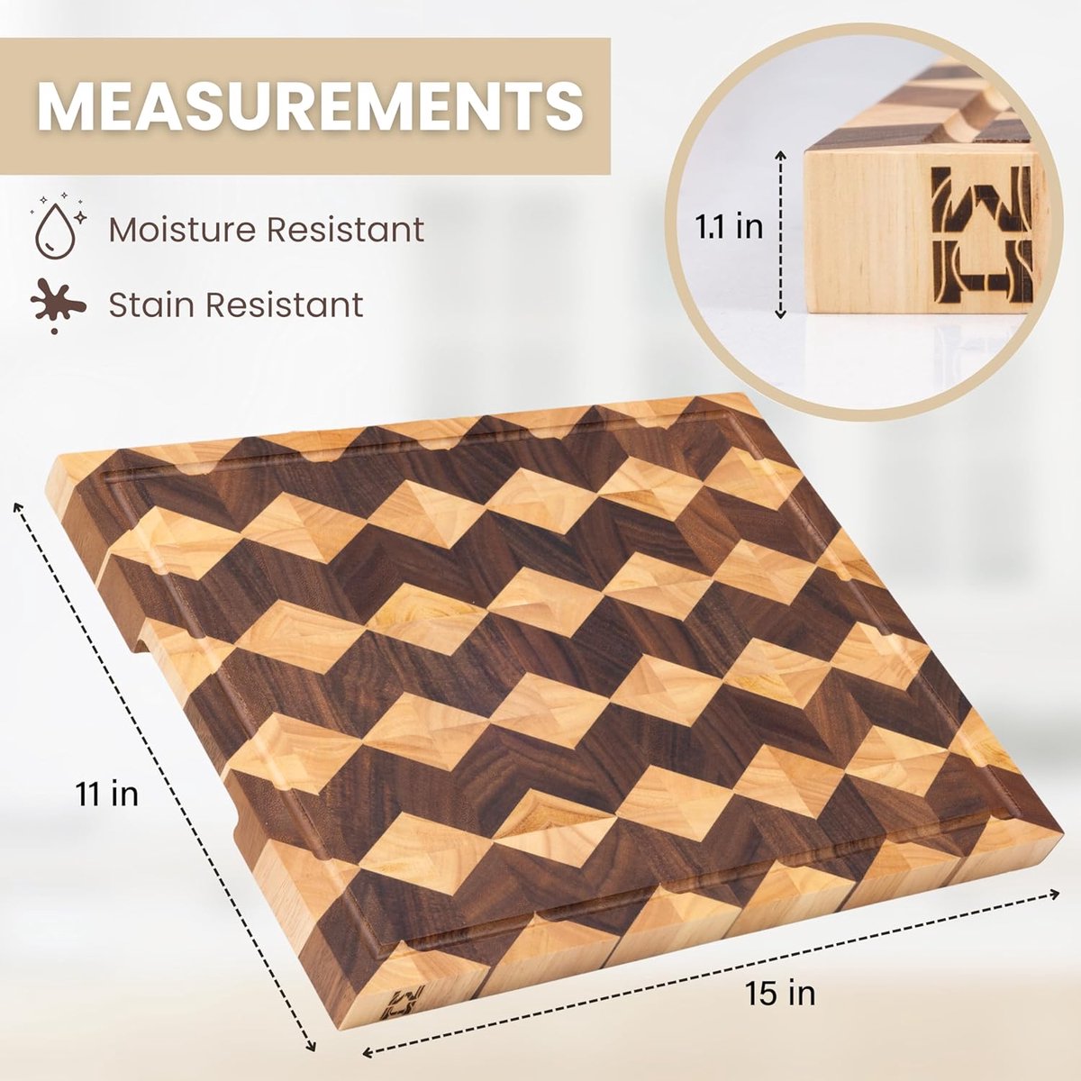Snijplank Walnoot Hout - Hakplank Kaasplank - Keuken Voorbereiding - End Grain Ontwerp - 38x28x2.5 cm - Natuurlijk Hout — cadeau in Kookcadeaus - foto 3