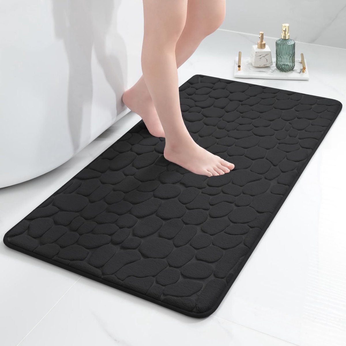 Badmat van traagschuim, super absorberende hoofdstenen, badkamervloerkleed, ultra zacht, wasbaar in de wasmachine, 60 x 120 cm, zwart