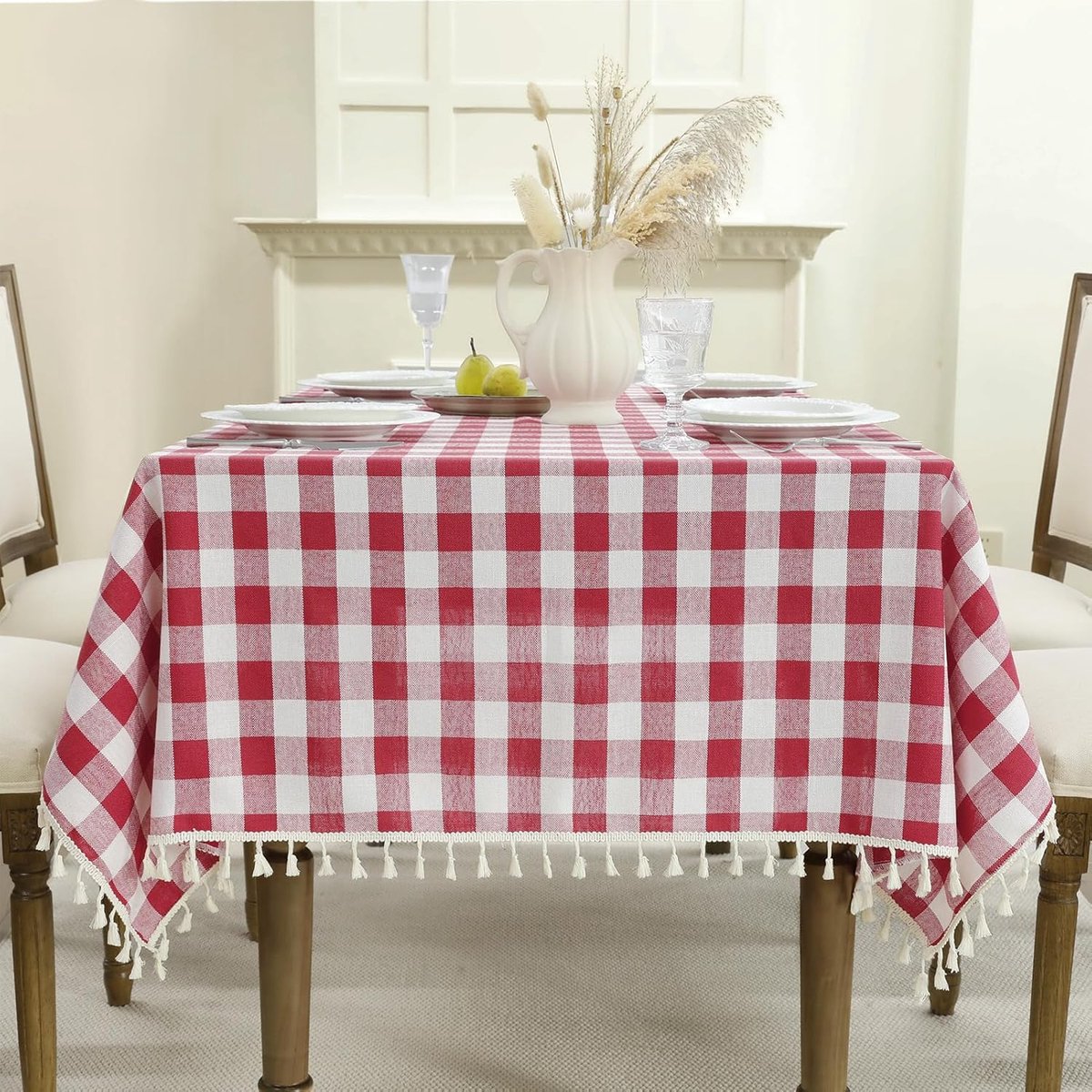 Geruit Tafelkleed - Linnen Katoen Kleed - Dineren Feest Decor - Kreukvrij Met Kwastjes - 140 x 187 cm - Rood