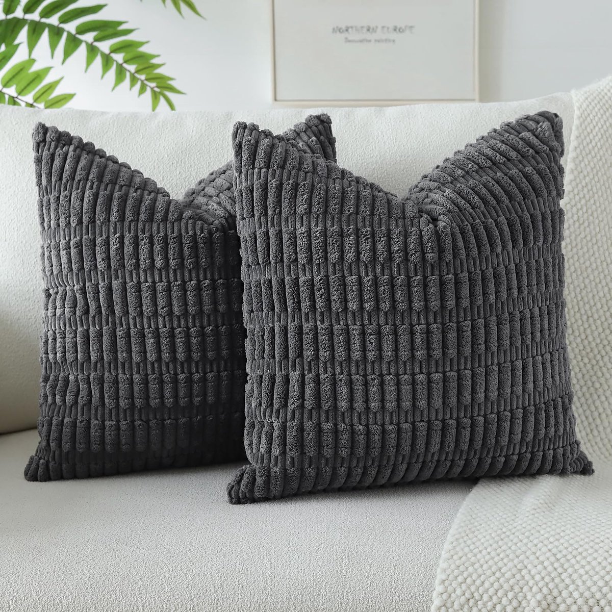 Set van 2 corduroy zachte kussenslopen, moderne kussenhoezen, decoratieve bankkussens, sierkussenhoes voor woonkamer, bank, slaapkamer, donkergrijs, 40 x 40 cm