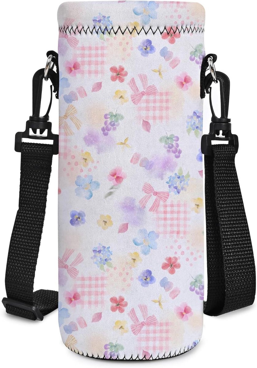 Fles Draagtas - Flessenhouder Koeler - Drinken Meenemen - Zacht Neopreen Materiaal - 500 ml - Bloemen met strik