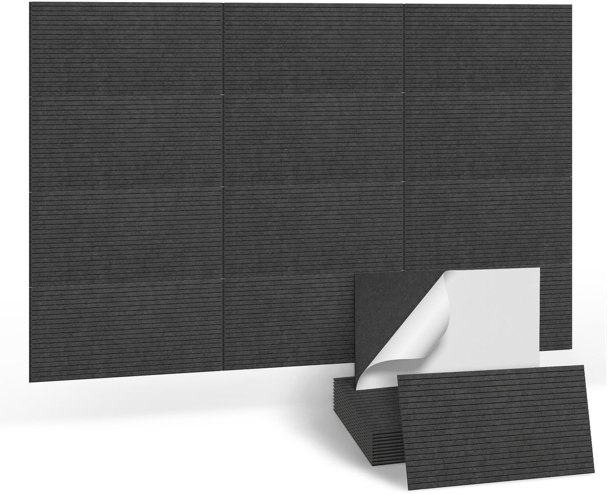 Akoestische Panelen - 12 Stuks - Zelfklevend - Polyester Akoestisch Wandpaneel - 120x60 cm - Geluiddempend - Voor Geluidsbehandeling & Wanddecoratie - Zwart - NAIZY