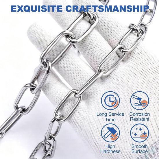 ketting, 2 m, diameter 4 mm, robuuste veiligheidsketting van metaal, kort, gelaste schakelketting, maximale belasting 200 kg, voor hek, hondenketting, hangend — afbeelding 2