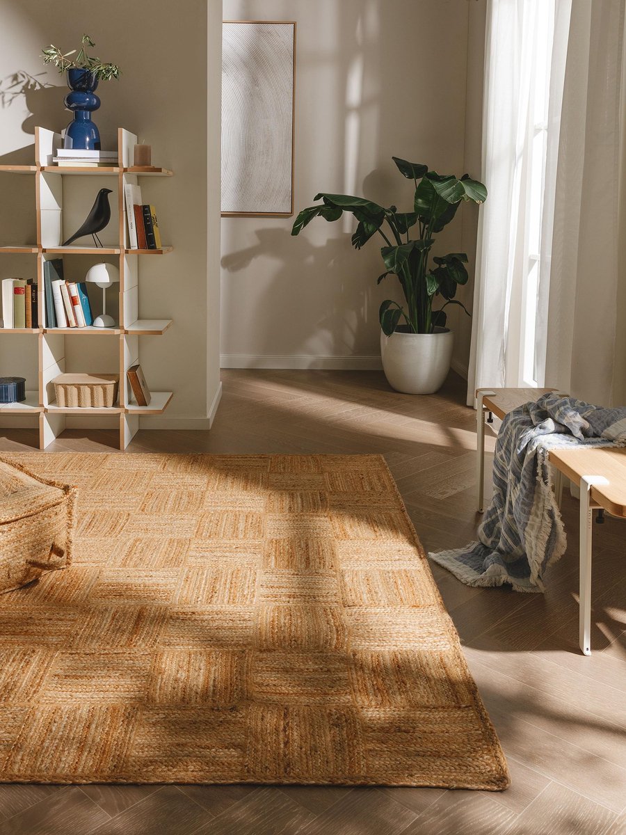 Vloerkleed Jutta - Natuur 160x230 cm - Handgeweven woonkamervloerkleed - Natuurlijk Boho-ontwerp - Geschikt voor vloerverwarming