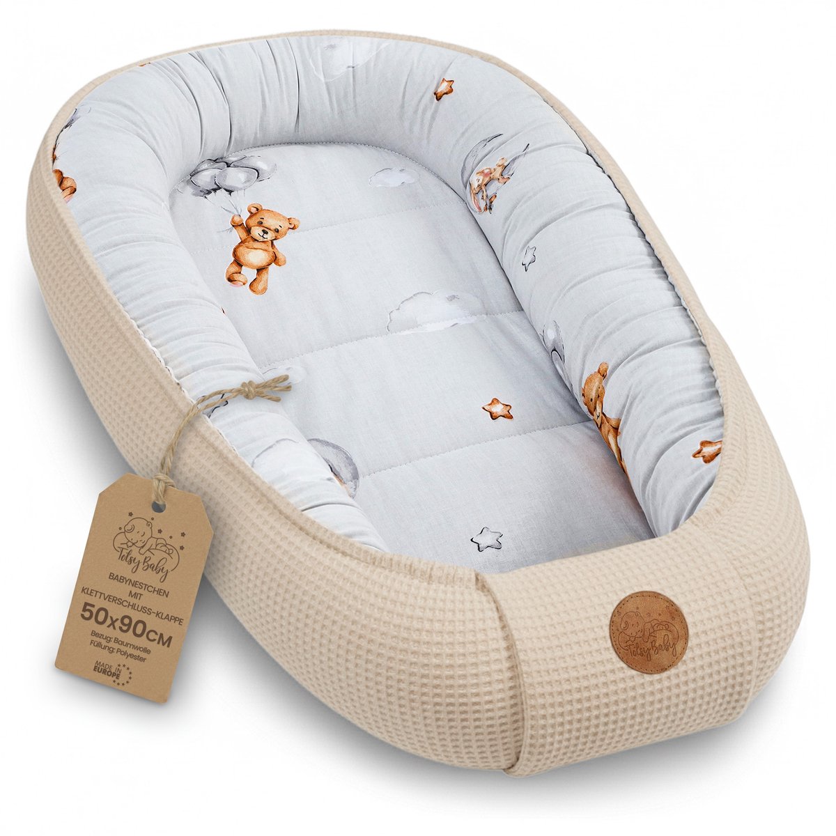 Babynestje Pasgeborene 50x90cm – Babynest behaaglijk Katoen & Wafel – zacht ademend en knus Nestje comfortabel voor Ledikant Wieg Kinderwagen Babykamer en Onderweg Slaapteddyberen B