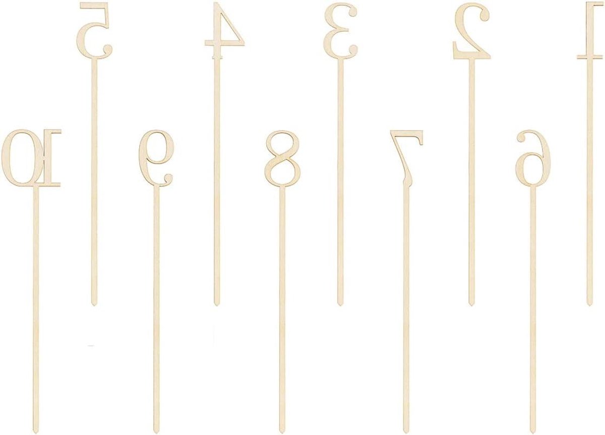 Houten tafelnummers met prikker - Set van 10 stuks