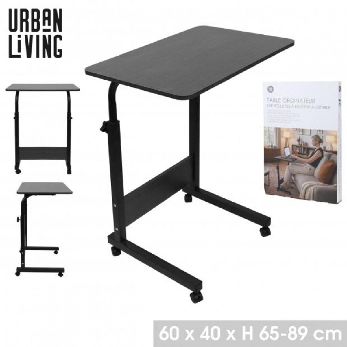 PRATIK Verstelbare Computertafel met Wielen – Laptoptafel – Bijzettafel – 60 x 40 cm – Hoogte Verstelbaar 65-89 cm – Zwart