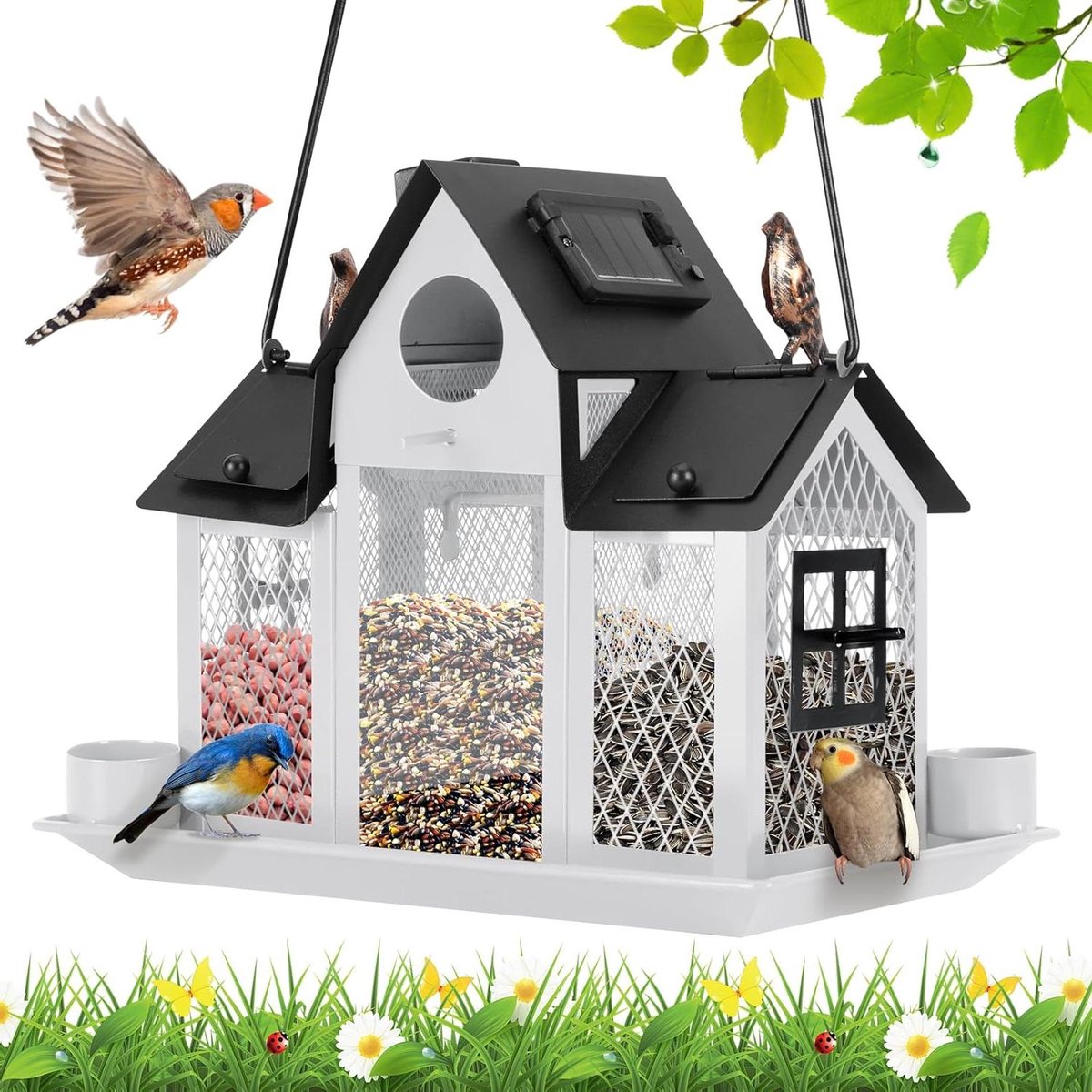 Vogelhuisje Voederhuis - Voedertafel Buiten - Tuin Decoratie - Zonne-energie Verlichting - 28.96 x 22.86 cm - Wit en Zwart