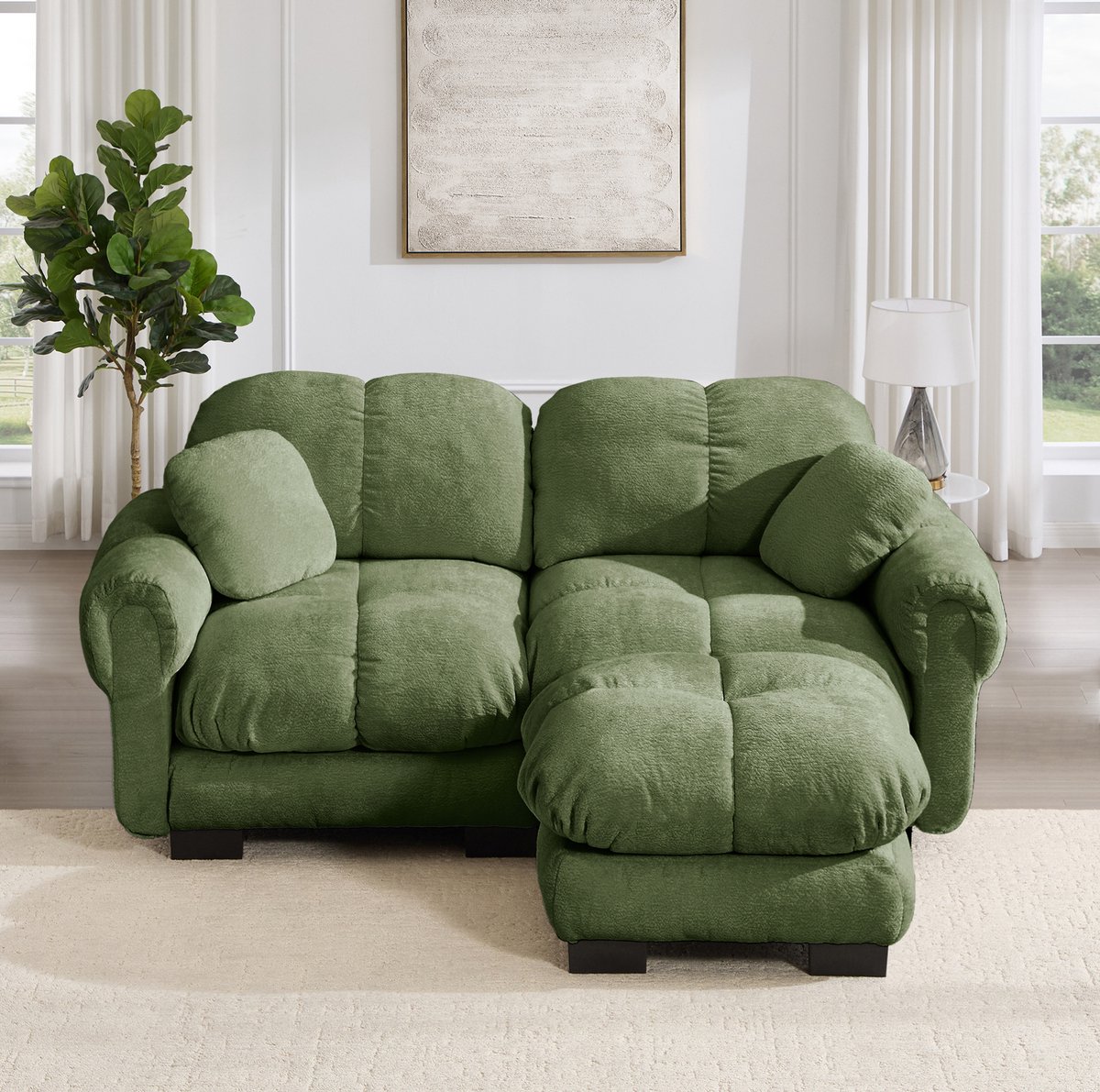 HAUSS SPOLE Hoekbank - Modulaire Chenille Bank Met Verplaatsbare Hocker - Gestikt Design En Zacht Zitcomfort - Voor Woonkamer - Groen