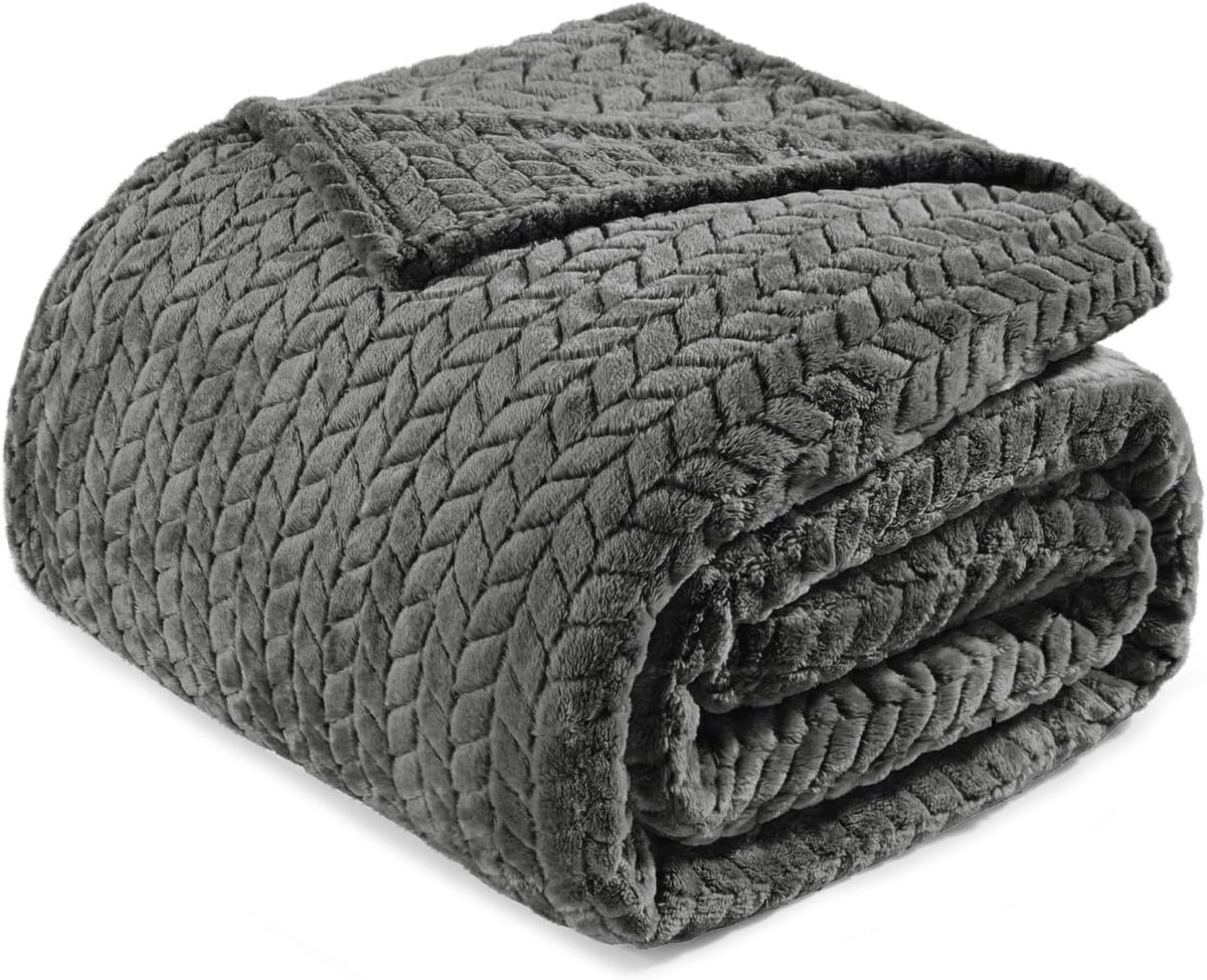 Mezcla Fleece King Size deken voor op bed, 228 x 251 cm zachte, gezellige jacquard flanellen dekens, lichtgewicht donzig pluche, warm voor de winter, donkergrijs