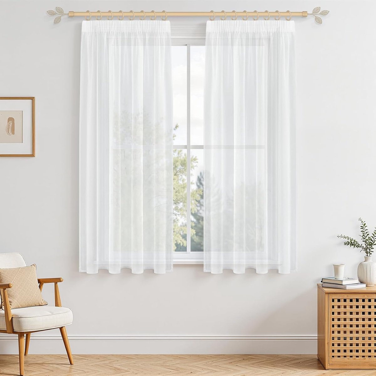 Gordijnen met plooiband, stores, gordijnen, wit, kort, transparant, 180 x 140 cm (h x b), lusgordijnen, set van 2 gordijnen, linnenlook, voor woonkamer, slaapkamer, meisjes, jeugd