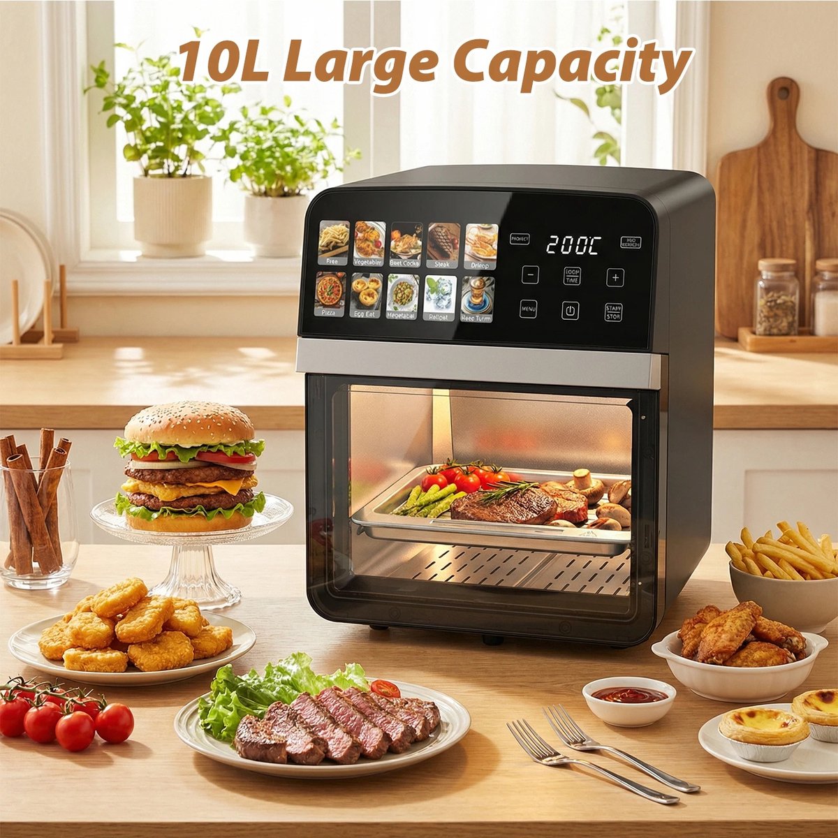 Zerova Heteluchtfriteuse - Heteluchtoven - Oven - Bakoven - Braadoven - 360° Heteluchtcirculatie - Timer - Touchscreen - Zwart – foto 7