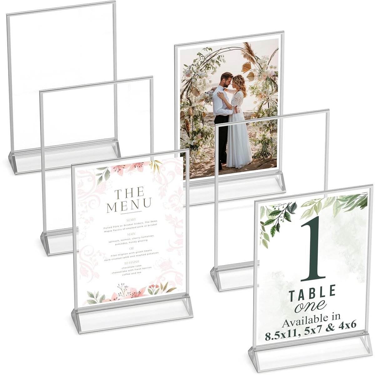 fotolijsten dubbelzijdig, 6 stuks 4 x 6 stuks acryl tafelnummerhouders, transparante ezelstandaarden voor borden, zilveren lijsten voor bruiloftstafelnummers, menuhouders, fotodisplays voor