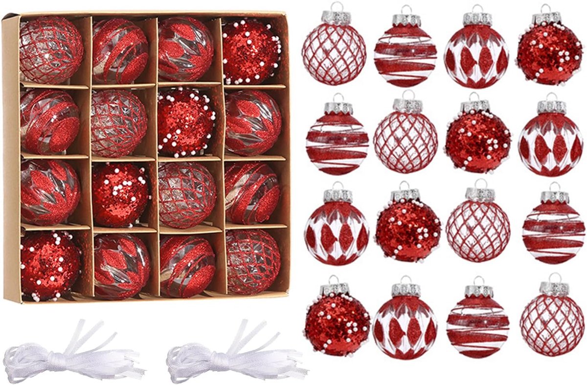 Kerstballen Set, 16 Stuks 6CM Rode en Witte Kerstdecoratie met ophangers, Kerstboomversiering Hangende Boomversiering, Decoratieve Ballen voor Kerstmis, Feest, Bruiloft, Binnen en Buiten