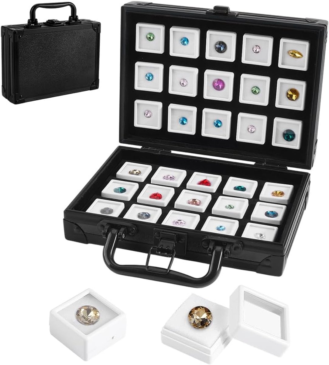 PandaHall Edelsteen showbox met handvat met 30 stuks 2,95 cm vierkante organizer houder wit diamant doos met venster sieraden tentoonstelling doos met sponsvulling voor edelsteen diamant