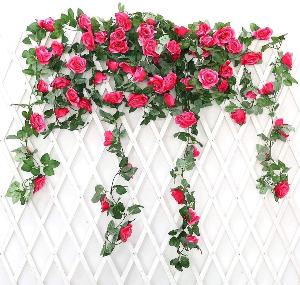 guirlande met kunstrozen, 2 stuks, 220 cm, hangende bloemen van zijde voor outdoor, indoor, bruiloft, badkamer en wanddecoratie (roze/rood)