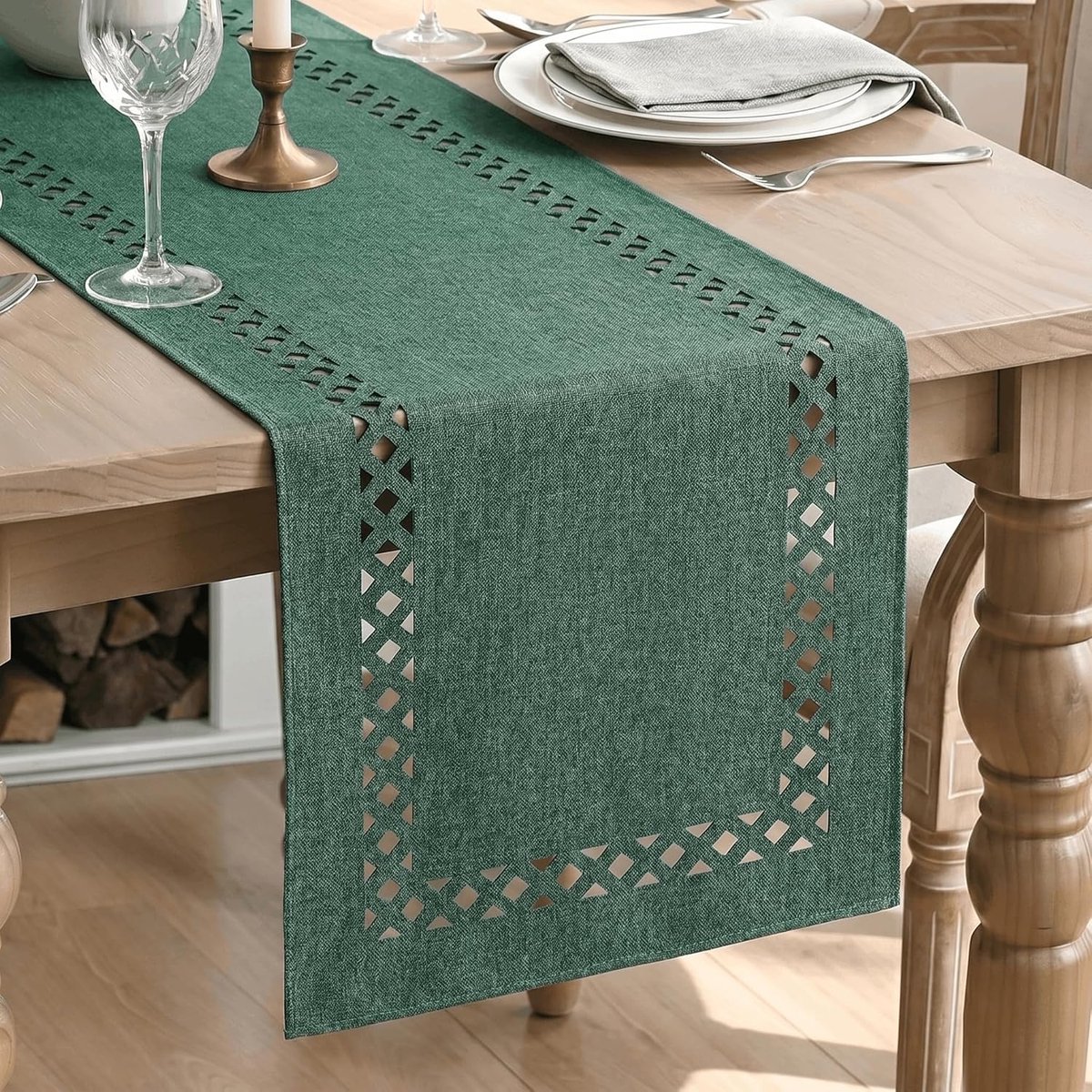 Mode Bosgroene rustieke boerderij linnen tafelloper 40x180 cm, moderne geometrische holle keuken eettafel decoratie voor thuisfeest decoratie