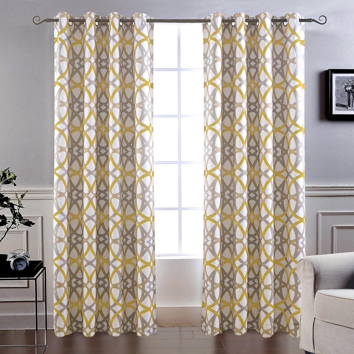Alexander Thermal (zwart) uit doorvoertule ongevoerde raamgordijnen spiraal geo trellis patroon set van 2 panelen elke maat 132 cm bij 84 inch goud (geel en grijs)