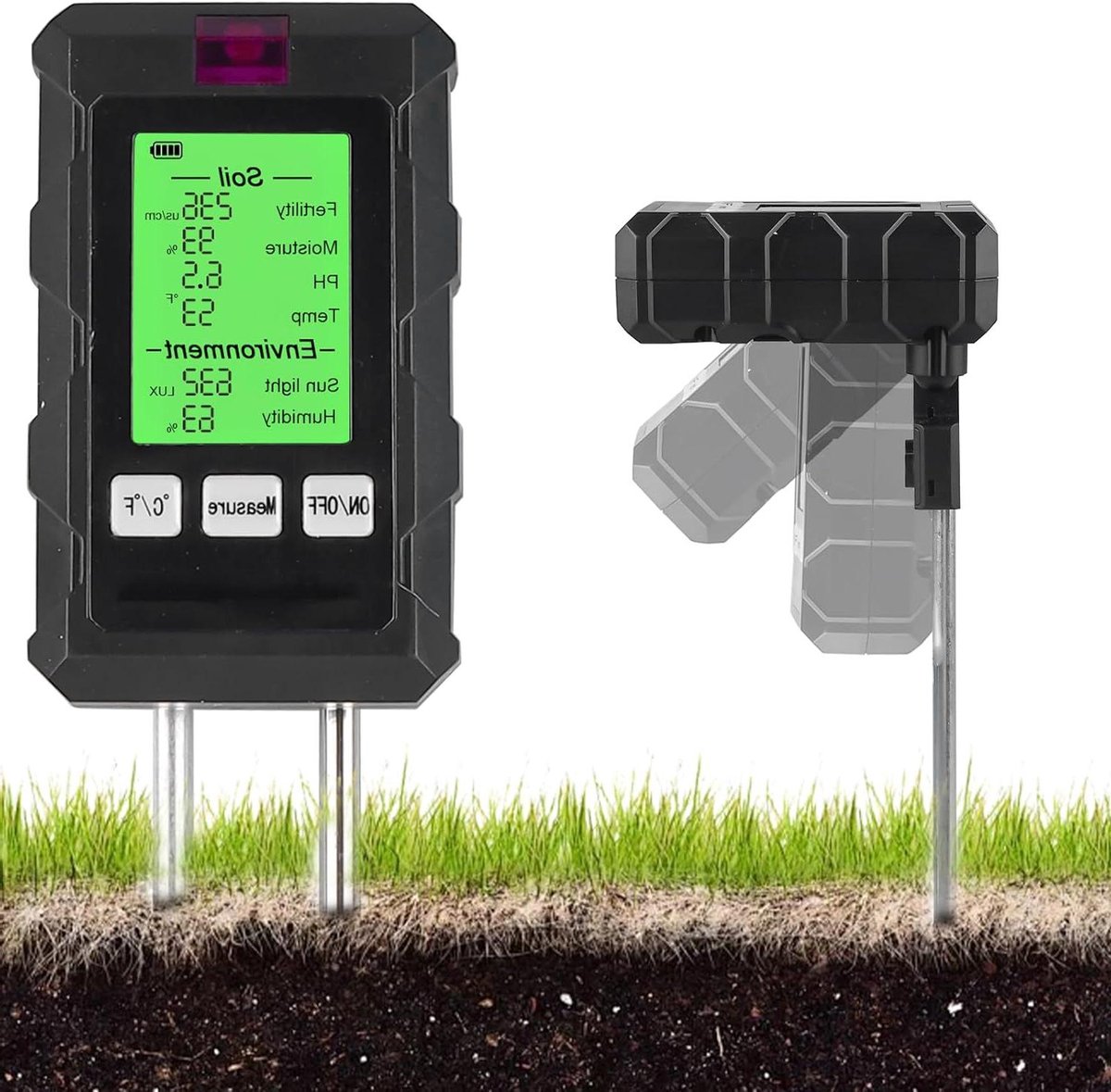 Bodemtester 6-in-1 - Plantenmeter Vochtigheid - Optimale Plantengroei - Draaibaar LCD Scherm - 5 x 4 x 23 cm - Zwart