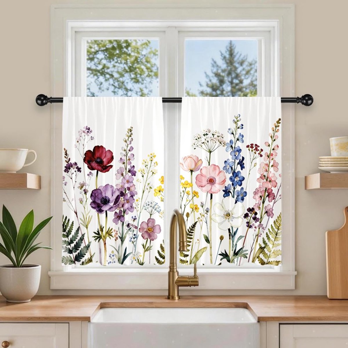 wilde bloem bedrukte polyester korte keukengordijnen 70 x 91 cm roedezak bloemen botanische gordijnen kleine decoratieve raamgordijnen voor badkamer woonkamer camper 2 panelen